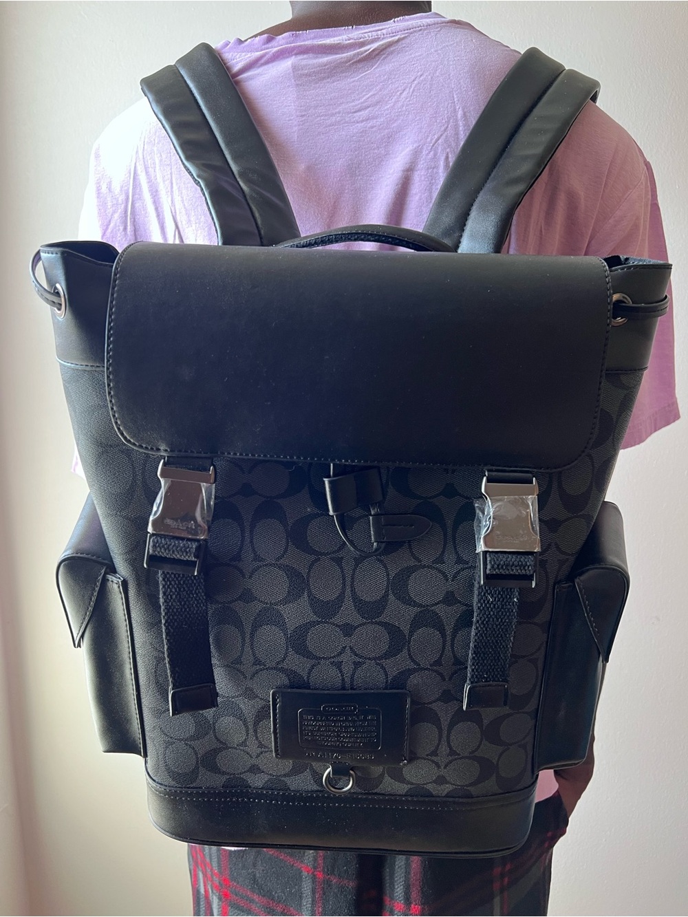 Coach Men’s Black Signature Canvas Backpack with Leather